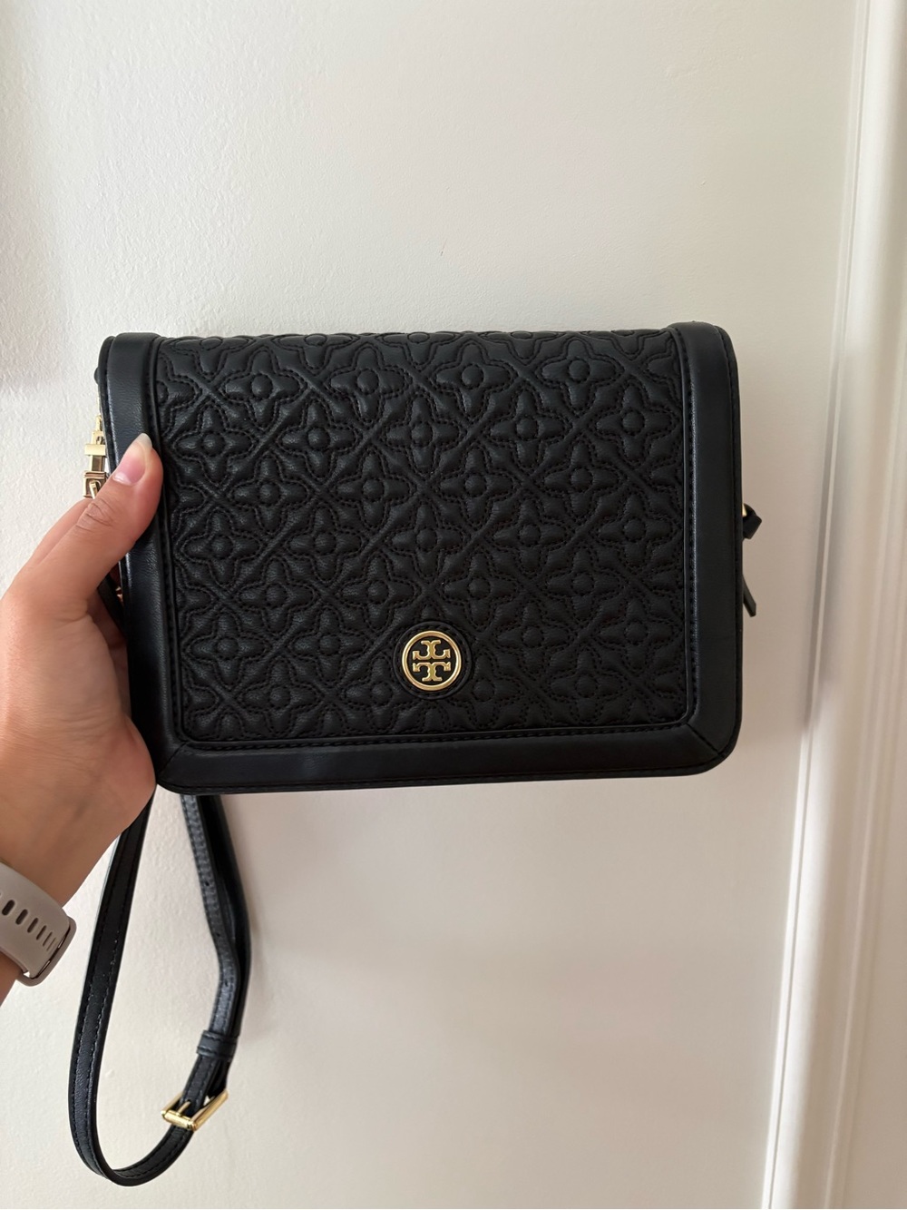 Tory Burch Black Quilted Logo Crossbody Bag with Gold Accent